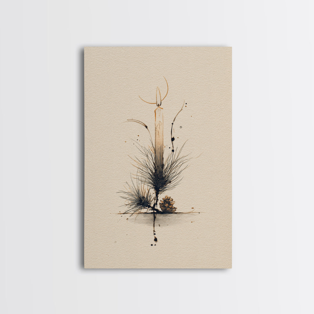 Hygge Candle and Pine Branch Still Life Canvas Print, Scandinavian Art, Abstract Wall Art, Living Room Decor, Nordic, SCA-2x3-60