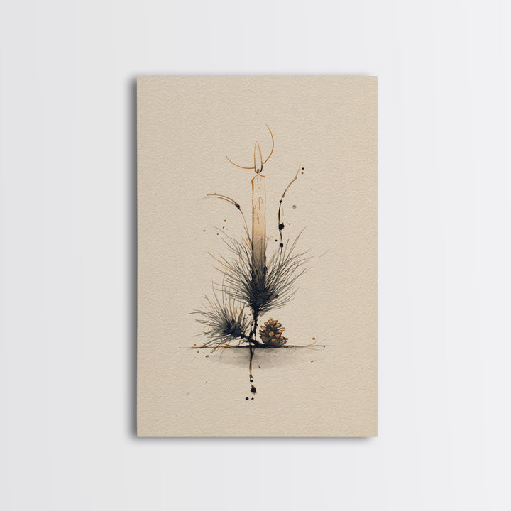 Hygge Candle and Pine Branch Still Life Canvas Print, Scandinavian Art, Abstract Wall Art, Living Room Decor, Nordic, SCA-2x3-60