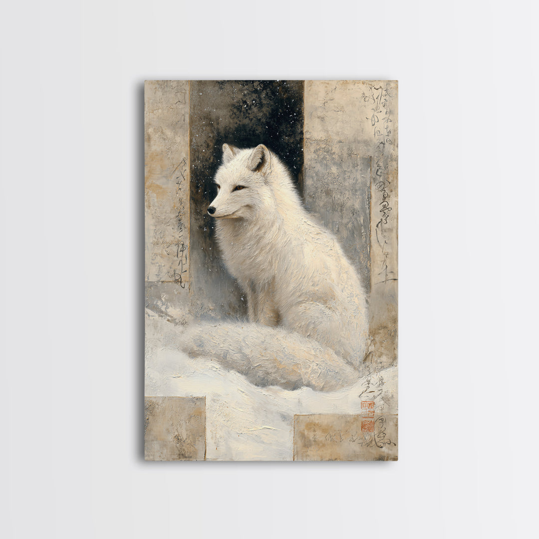 White Fox in Quiet Snow Framed Canvas Print, Scandinavian Art, Abstract Painting, Living Room Decor, Fine Art, Nordic, SCA-2x3-68