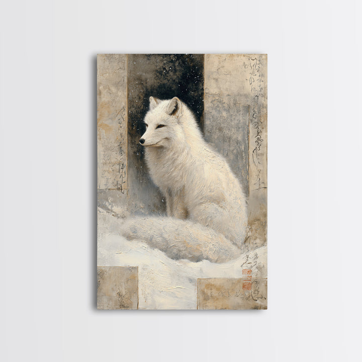 White Fox in Quiet Snow Framed Canvas Print, Scandinavian Art, Abstract Painting, Living Room Decor, Fine Art, Nordic, SCA-2x3-68