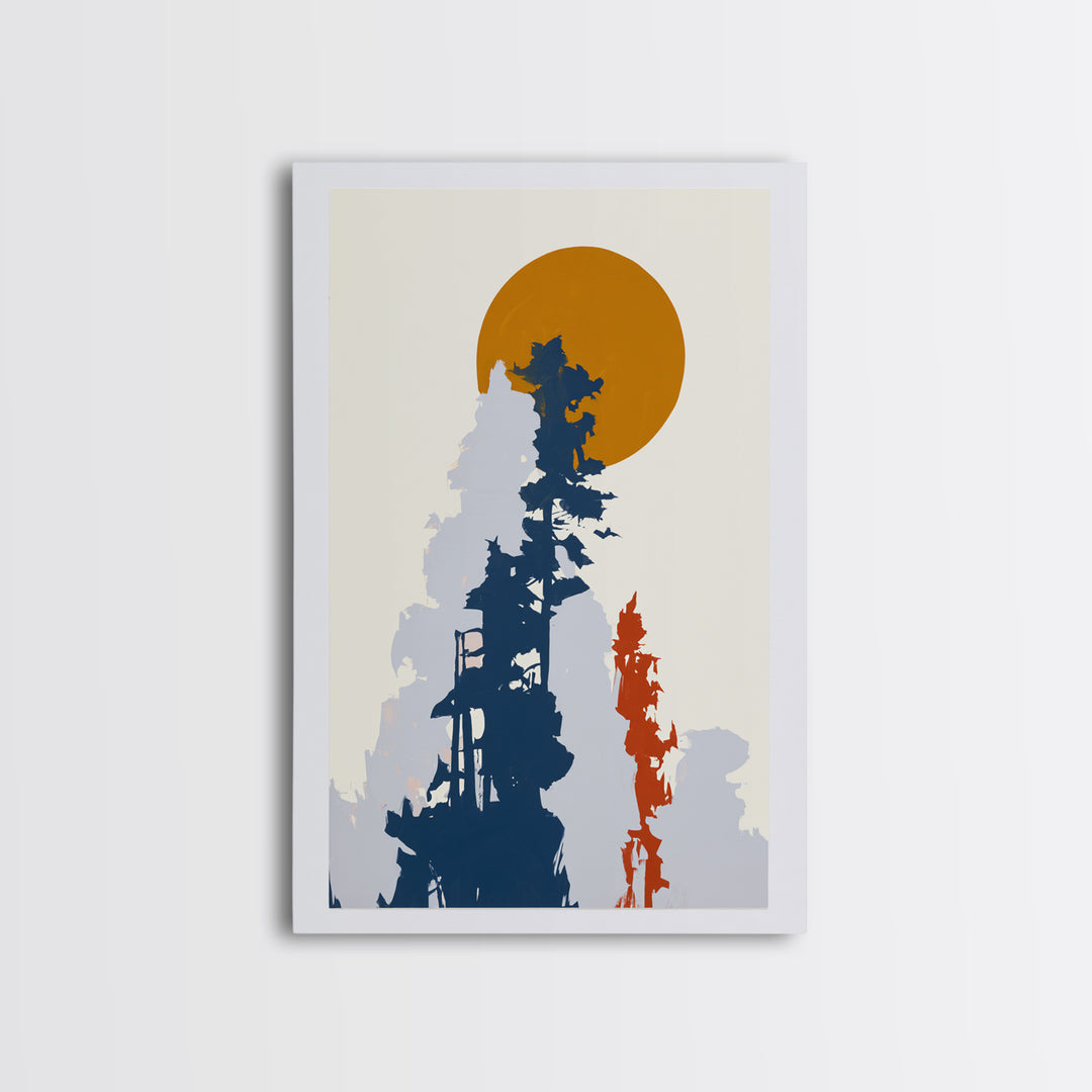 Minimal Sun over Pine Forest Framed Canvas Print, Scandinavian Art, Abstract Painting, Living Room Decor, Fine Art, Nordic, SCA-2x3-73