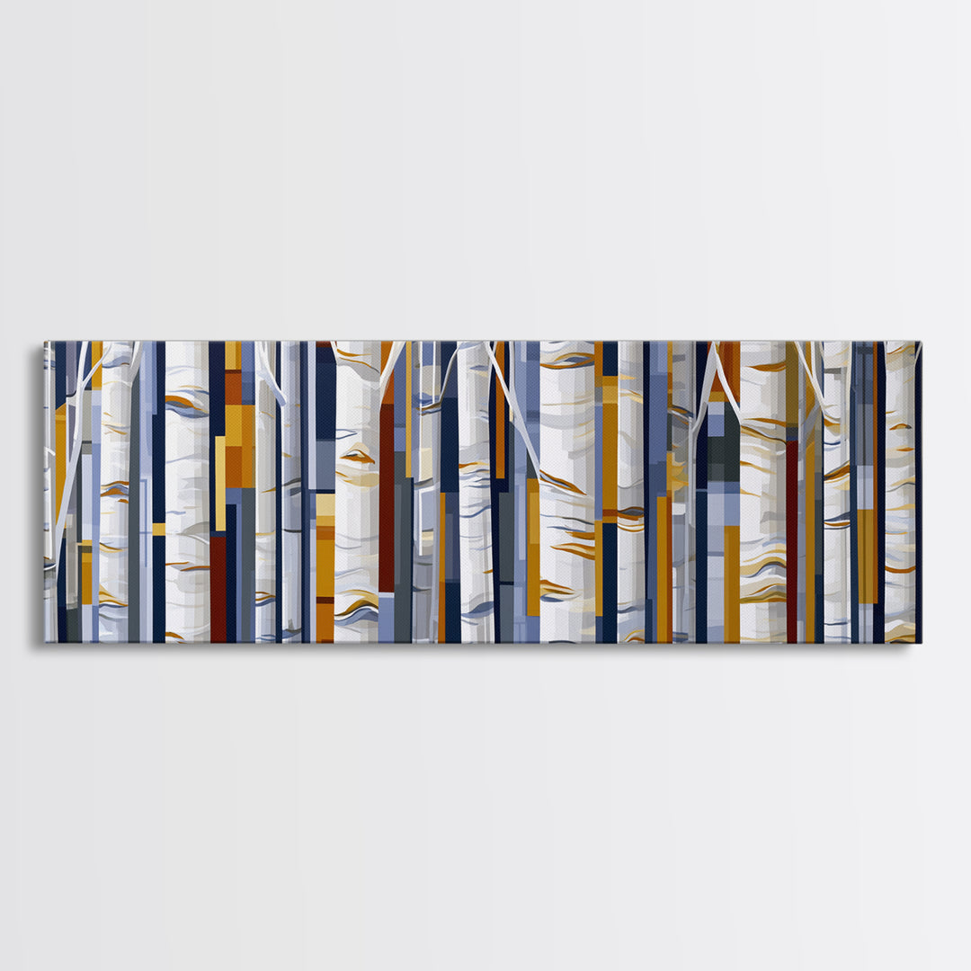 Birch Tree Trunks Framed Canvas Print, Scandinavian Art, Abstract Painting, Living Room Decor, Fine Art, Nordic, SCA-3x1-1