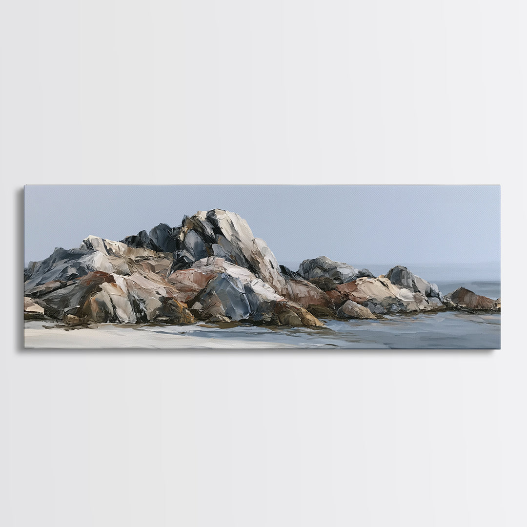 Quiet Coastal Rocks and Gray Sea Framed Canvas Print, Scandinavian Art, Fine Art Print, Living Room Decor, Fine Art, Nordic, SCA-3x1-15