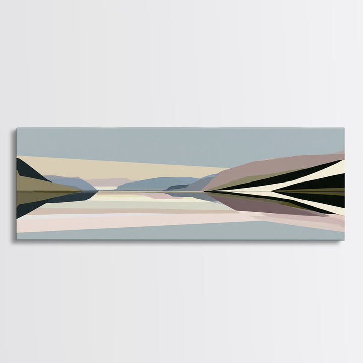 Minimal Fjord Landscape Framed Canvas Print, Scandinavian Art, Living Room Decor, Nordic, Gallery Decor, Neutral Decor, SCA-3x1-18