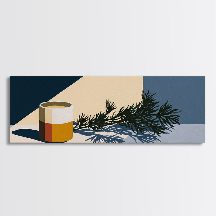 Hygge Candle and Pine Branch Still Life Canvas Print, Scandinavian Art, Floral Wall Art, Living Room Decor, Oil Painting, SCA-3x1-20