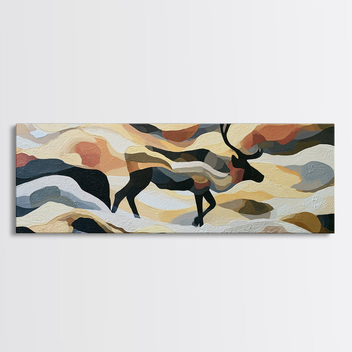 Reindeer Silhouette in Snowy Landscape Canvas Print, Scandinavian Art, Art, Living Room Decor, Fine Art, Nordic, Abstract Art, SCA-3x1-22