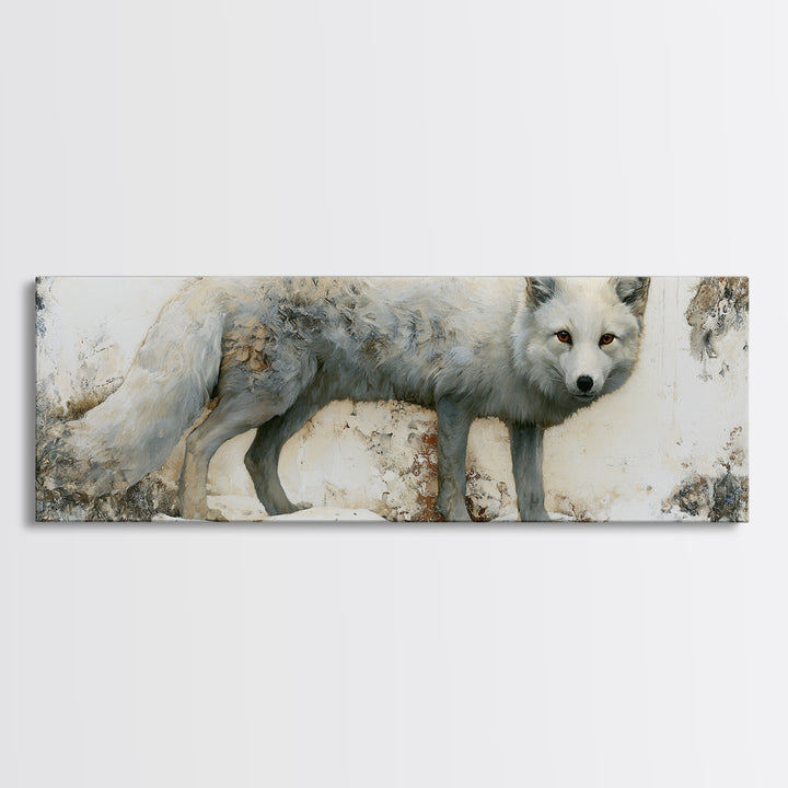 White Fox in Quiet Snow Framed Canvas Print, Scandinavian Art, Scandinavian, Living Room Decor, Oil Painting, Nordic, SCA-3x1-28