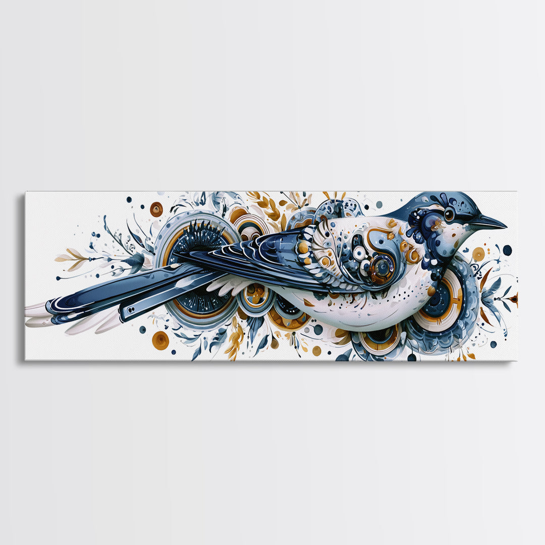 Nordic Folk Bird Framed Canvas Print, Scandinavian Art, Digital Wall Art, Living Room Decor, Fine Art, Nordic, Boho Decor, SCA-3x1-51