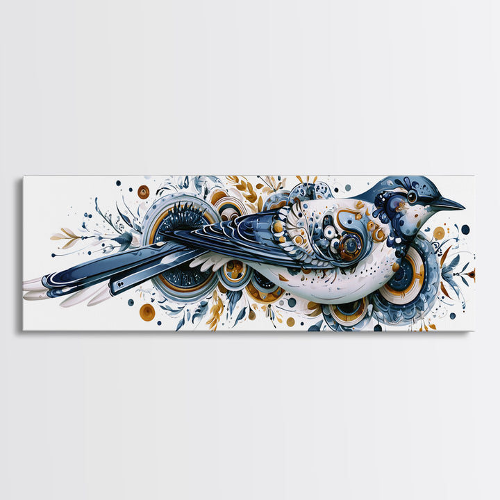 Nordic Folk Bird Framed Canvas Print, Scandinavian Art, Digital Wall Art, Living Room Decor, Fine Art, Nordic, Boho Decor, SCA-3x1-51