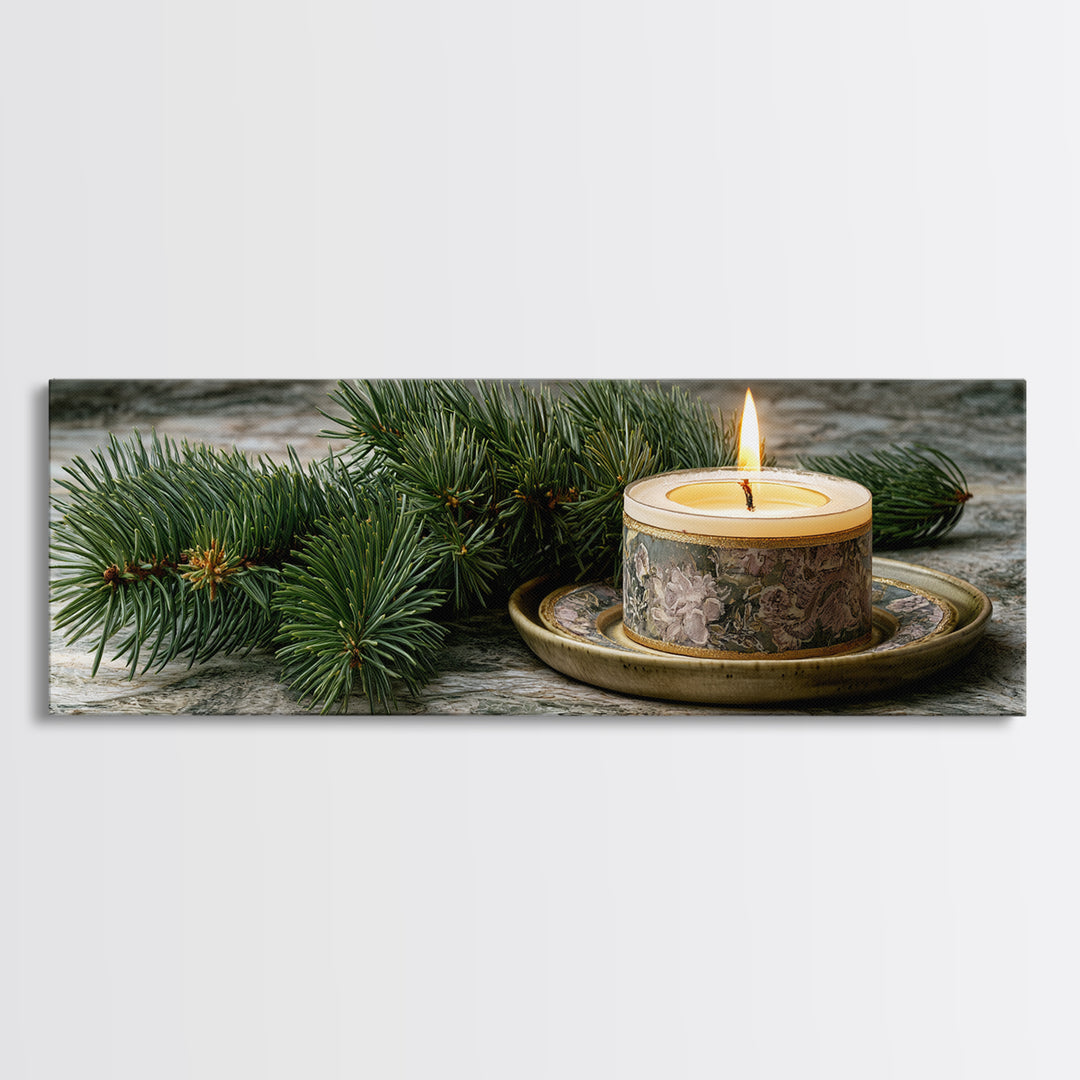 Hygge Candle and Pine Branch Still Life Framed Canvas Print, Scandinavian Art, Wall Decor, Living Room Decor, Fine Art, Nordic, SCA-3x1-68