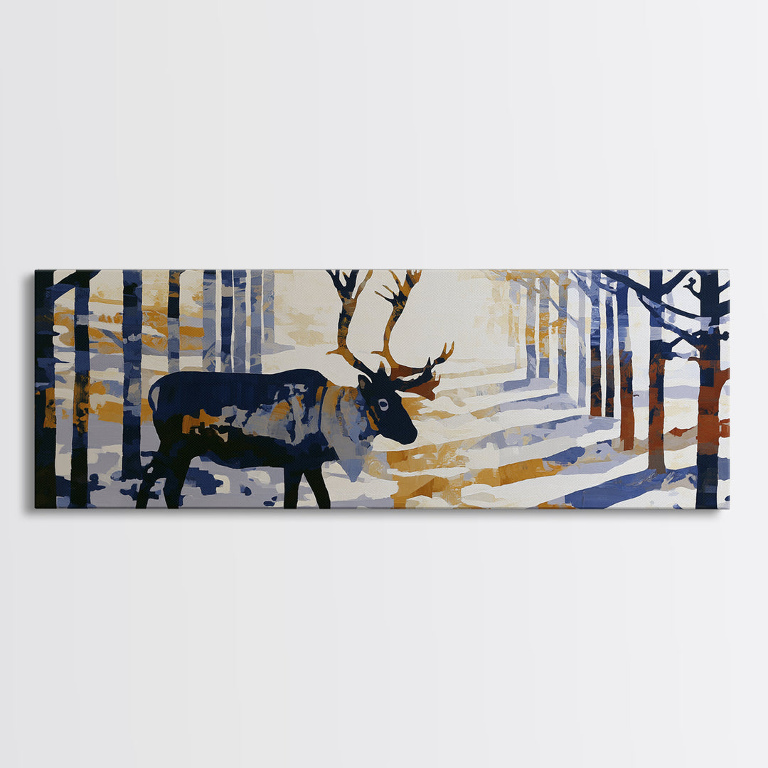 Reindeer Silhouette in Snowy Landscape Canvas Print, Scandinavian Art, Printable, Living Room Decor, Fine Art, Nordic, SCA-3x1-70