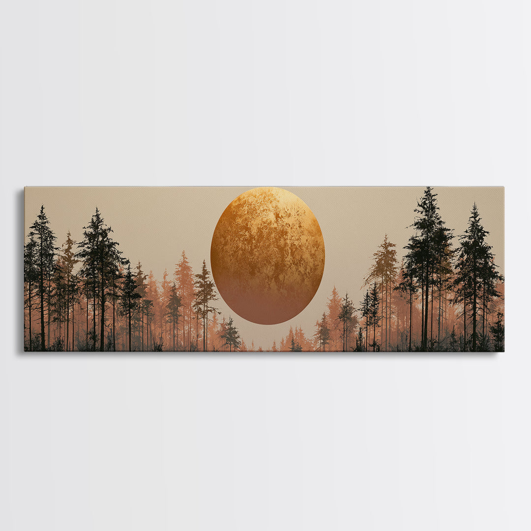 Minimal Sun over Pine Forest Framed Canvas Print, Scandinavian Art, Statement Artwork, Living Room Decor, Fine Art, Nordic, SCA-3x1-81