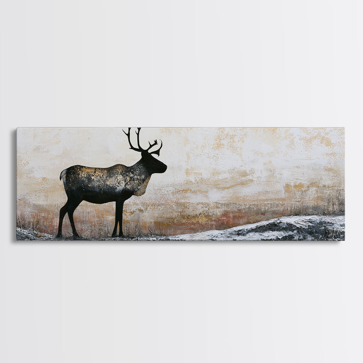 Reindeer Silhouette in Snowy Landscape Canvas Print, Scandinavian Art, Modern Art, Living Room Decor, Fine Art, Nordic, SCA-3x1-94