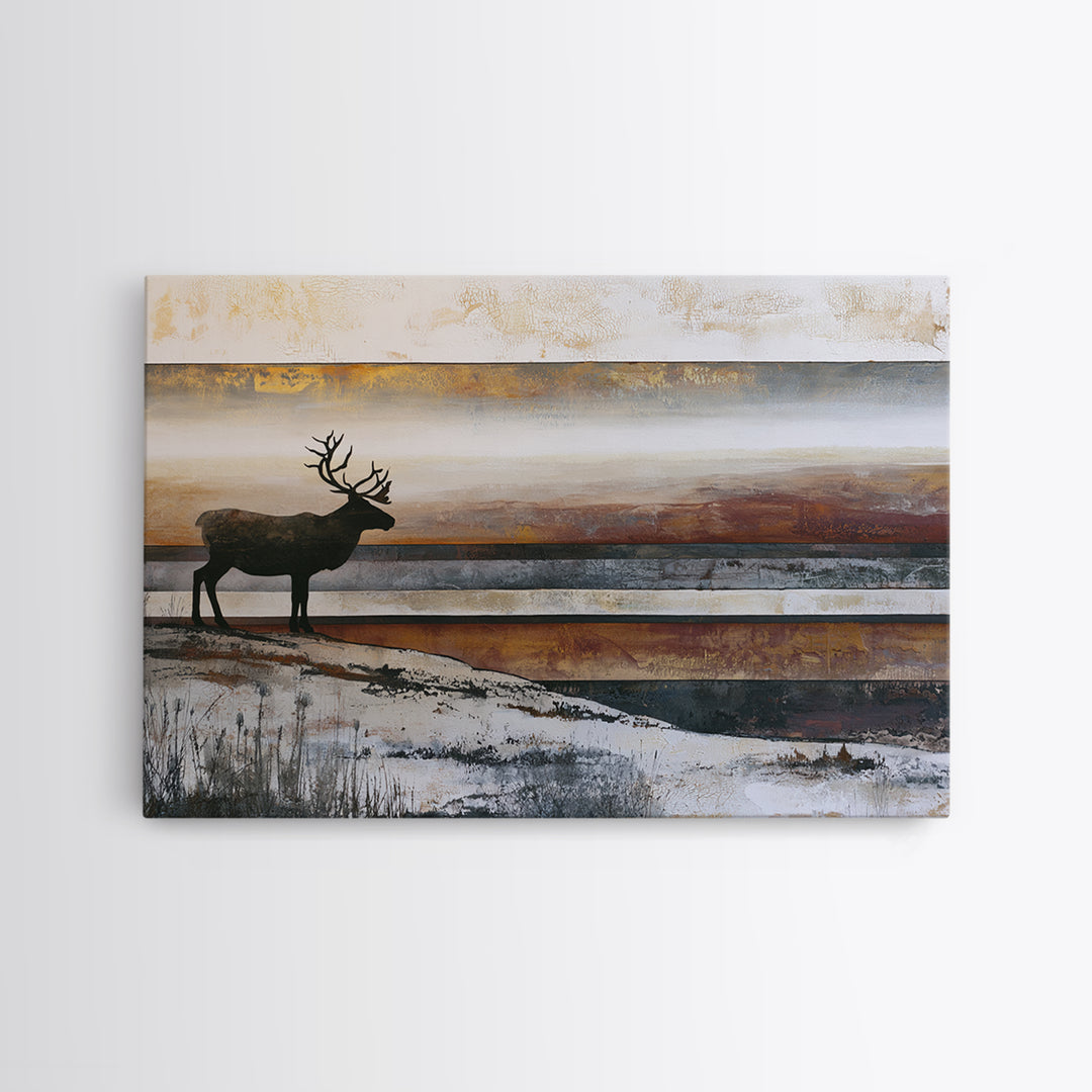 Reindeer Silhouette in Snowy Landscape Framed Canvas Print, Scandinavian Art, Boho Wall Decor, Living Room Decor, Oil Painting, SCA-3x2-10