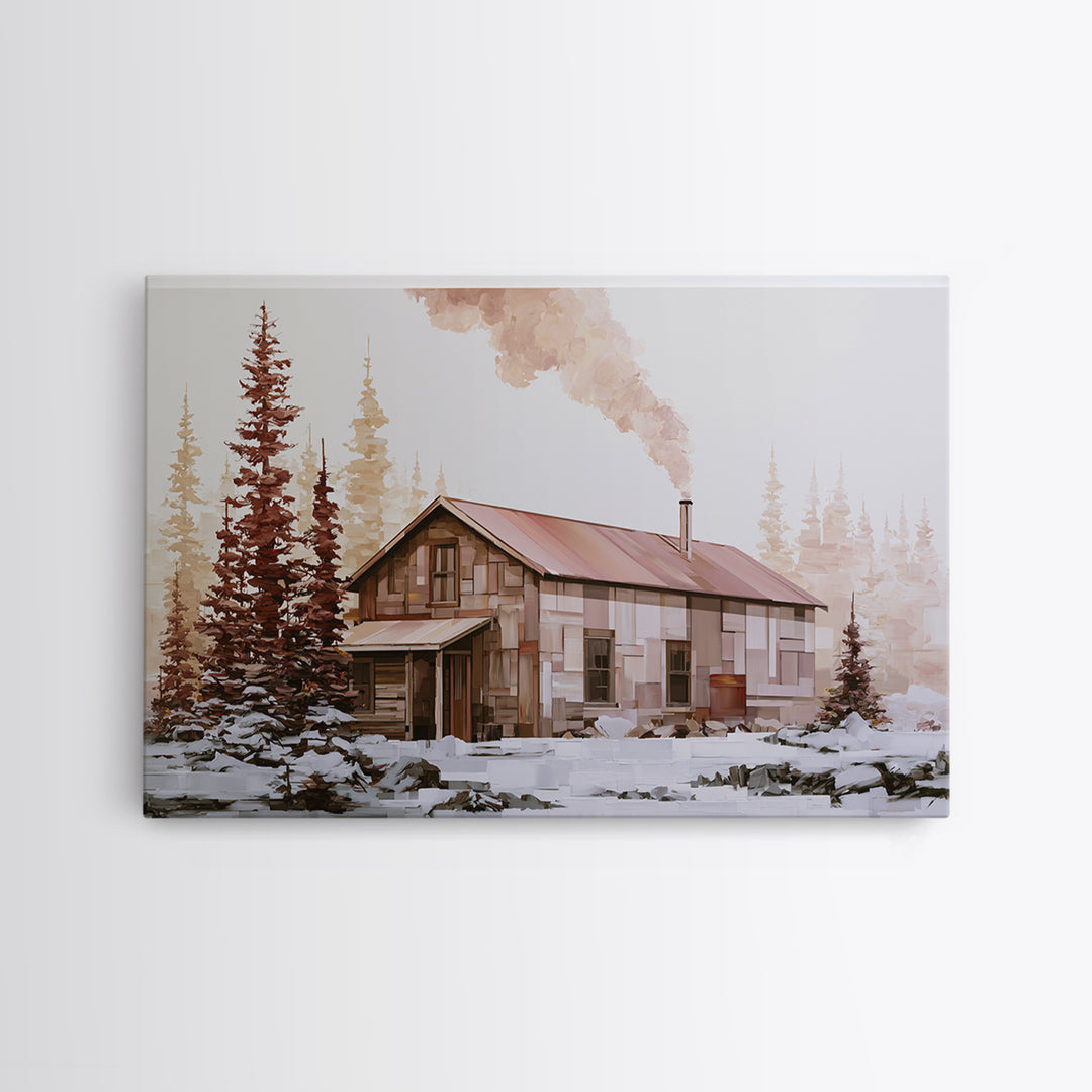 Winter Cabin Smoke Canvas Print, Scandinavian Art, Boho Wall Art, Living Room Decor, Oil Painting, Nordic, Modern Decor, SCA-3x2-22