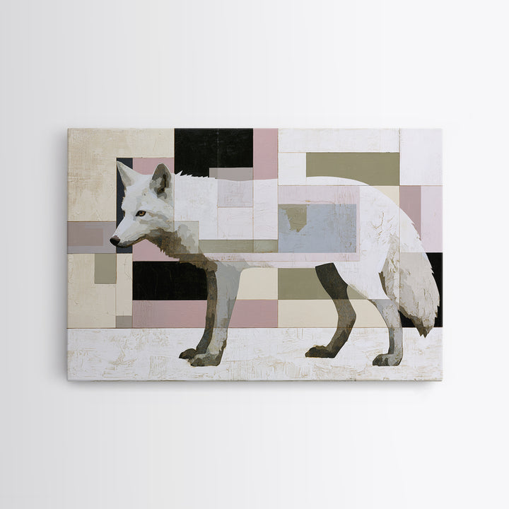 White Fox in Quiet Snow Framed Canvas Print, Scandinavian Art, Textured Painting, Living Room Decor, Oil Painting, Nordic, SCA-3x2-40