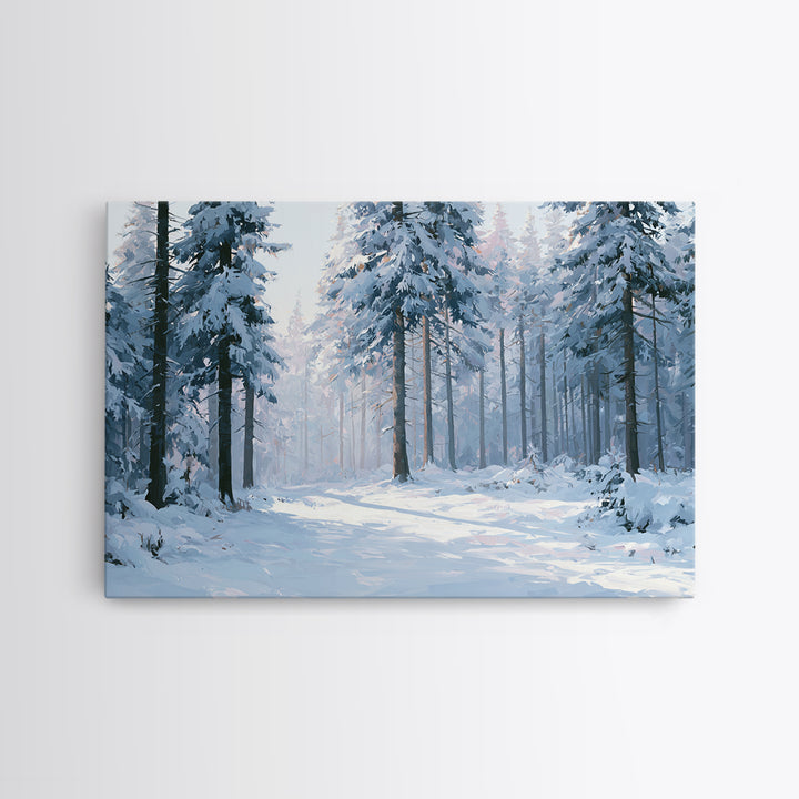Snowy Nordic Forest Framed Canvas Print, Scandinavian Art, Statement Artwork, Living Room Decor, Oil Painting, Nordic, SCA-3x2-5