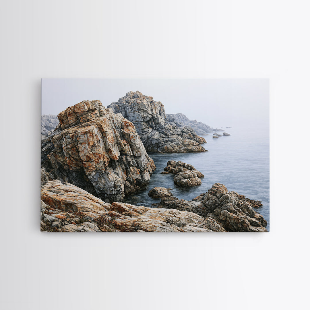 Quiet Coastal Rocks and Gray Sea Canvas Print, Scandinavian Art, Farmhouse Decor, Living Room Decor, Fine Art, Nordic, SCA-3x2-75