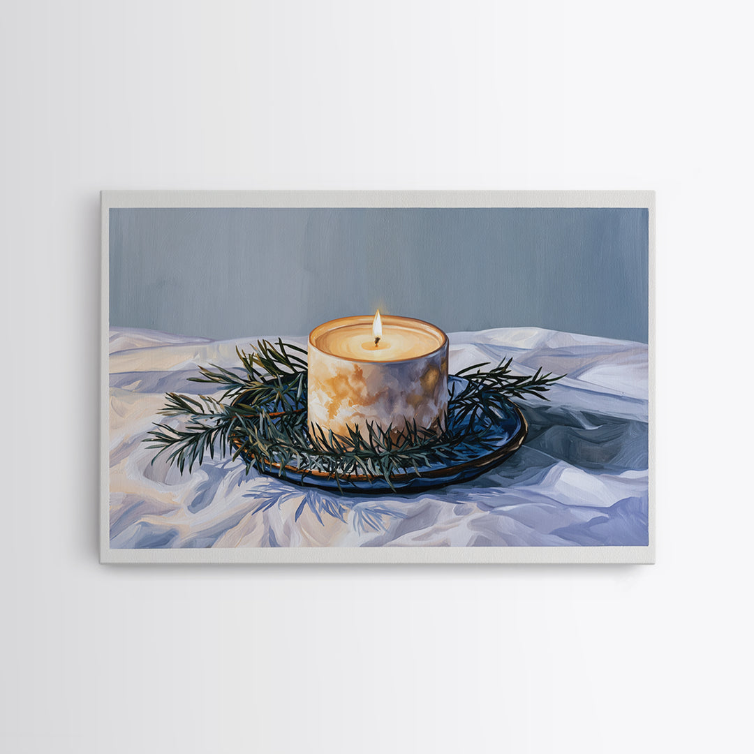 Hygge Candle and Pine Branch Still Life Framed Canvas Print, Scandinavian Art, Gallery Decor, Living Room Decor, Nordic, SCA-3x2-8