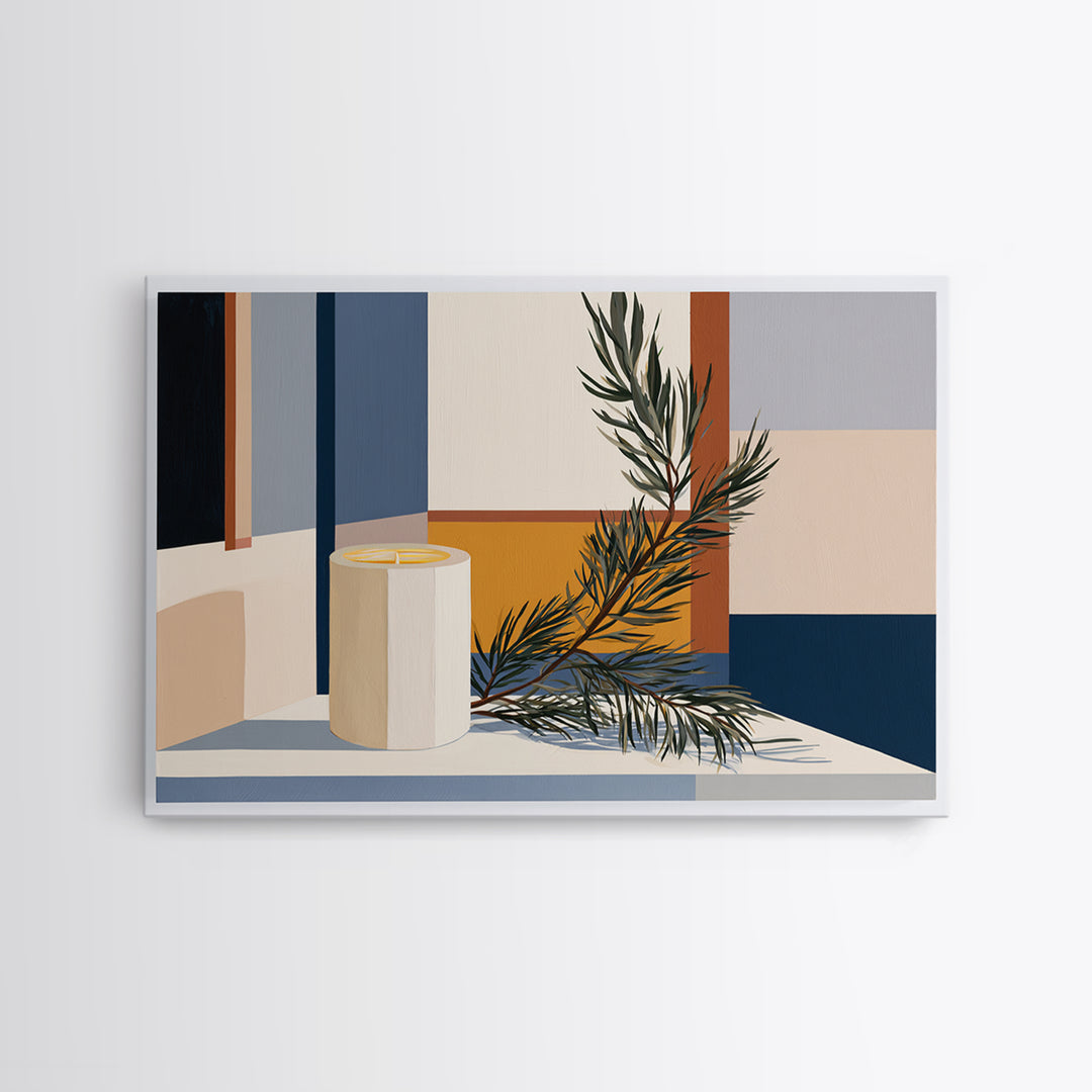 Hygge Candle and Pine Branch Still Life Framed Canvas Print, Scandinavian Art, Digital Wall Art, Living Room Decor, Nordic, SCA-3x2-80