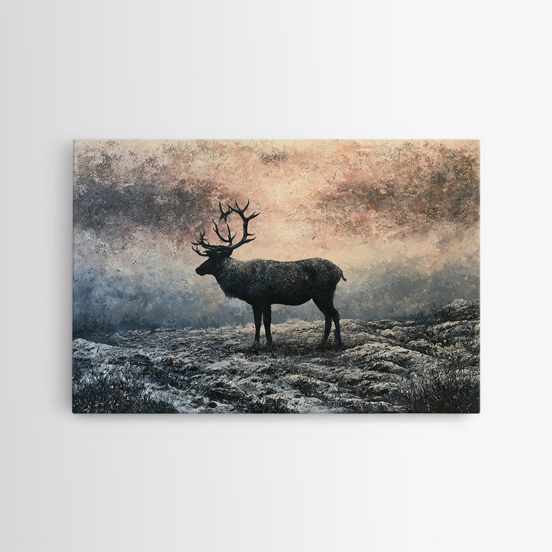 Reindeer Silhouette in Snowy Landscape Framed Canvas Print, Scandinavian Art, Statement Artwork, Living Room Decor, Nordic, SCA-3x2-82