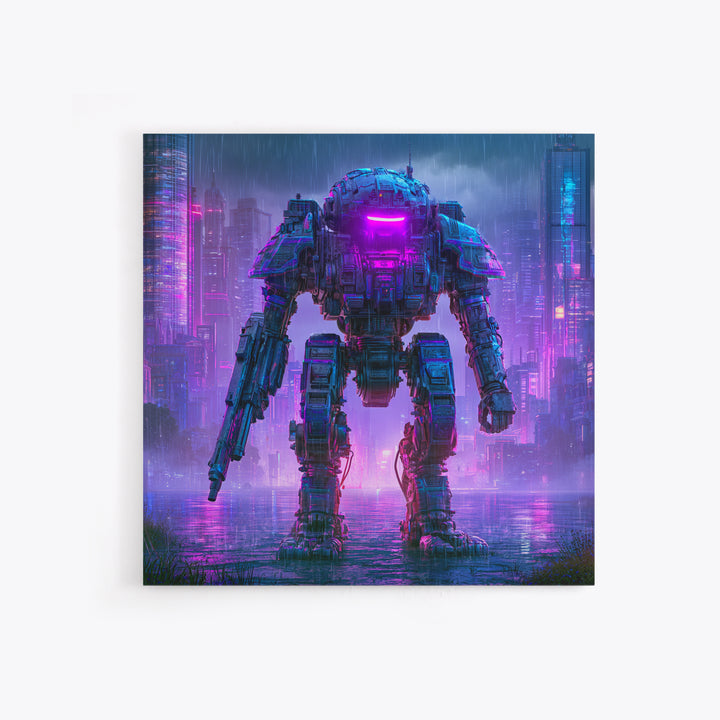 Mech Silhouette in Rainy Neon City Canvas Print, Scifi Art, Retro Wall Art, Living Room Decor, Oil Painting, Orbit, Fantasy Art, SCI-1x1-15