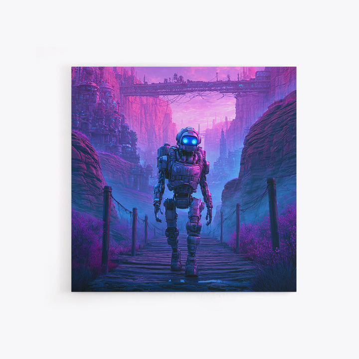 Robot Companion Crossing a Red Canyon Framed Canvas Print, Scifi Art, Decor, Living Room Decor, Orbit, Mid Century Art, SCI-1x1-28