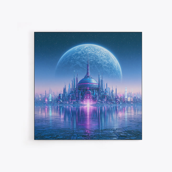 Moon Colony Beneath Earth Rise Framed Canvas Print, Scifi Art, Weird Art, Living Room Decor, Abstract Art, Orbit, Art Print, SCI-1x1-42