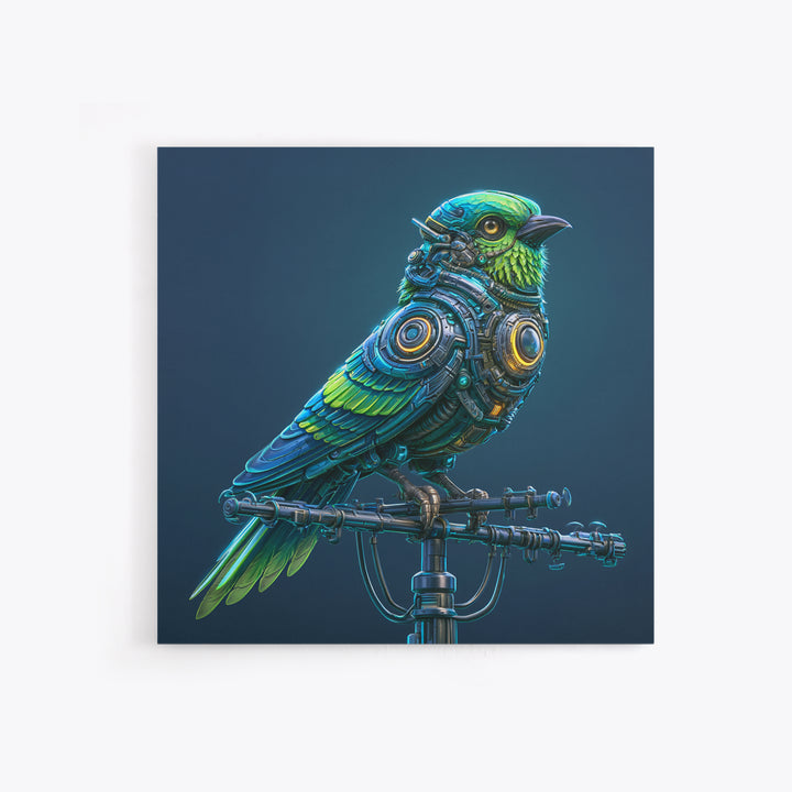 Robot Bird Perched on Antenna Framed Canvas Print, Scifi Art, Modern Art, Living Room Decor, Orbit, Retro Futurism Art, SCI-1x1-47