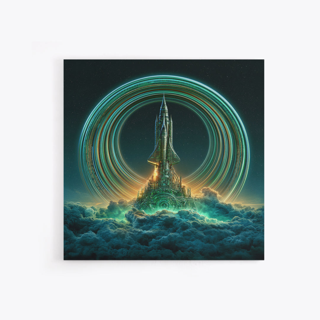 Retro Rocket Launching Through Cloud Rings Framed Canvas Print, Scifi Art, Boho Decor, Living Room Decor, Oil Painting, Orbit, SCI-1x1-79