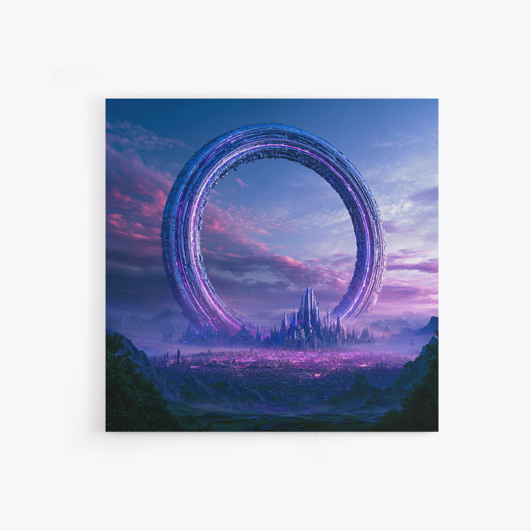 Giant Ring World Seen from a Valley Framed Canvas Print, Scifi Art, Fine Art Print, Living Room Decor, Fine Art, Orbit, SCI-1x1-80