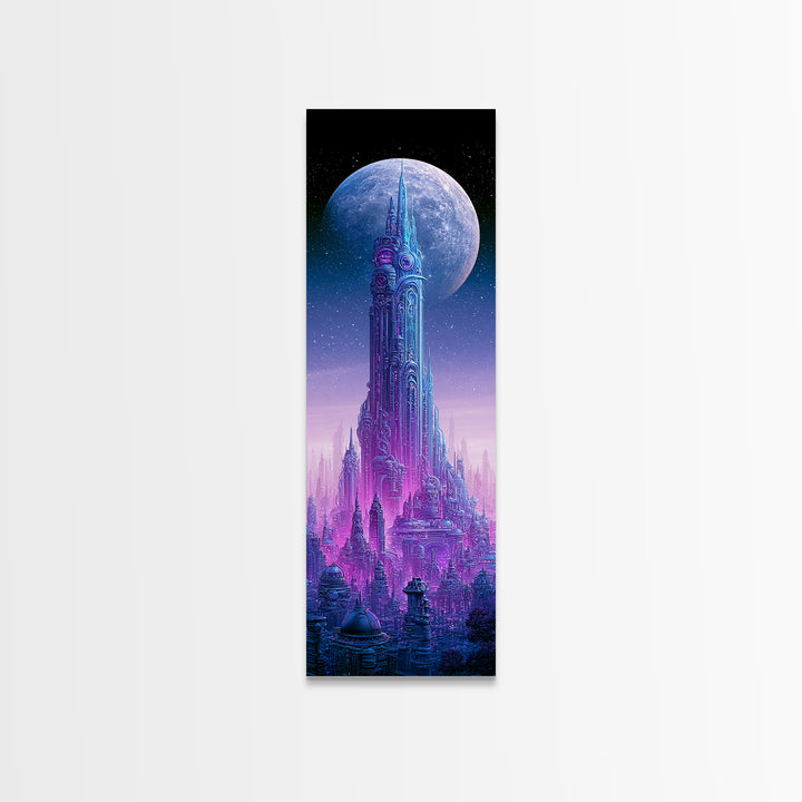 Futuristic City on a Moonlit World Framed Canvas Print, Scifi Art, Ai Art, Living Room Decor, Abstract Art, Orbit, SCI-1x3-15