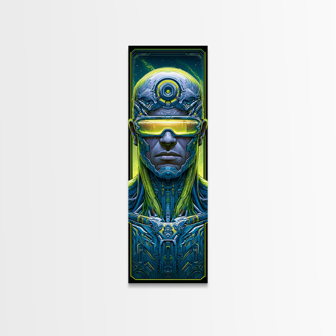 Cyborg Portrait with Reflective Visor Framed Canvas Print, Scifi Art, Wall Art, Living Room Decor, Oil Painting, Orbit, SCI-1x3-45