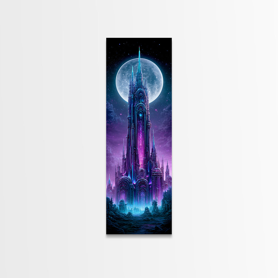 Futuristic City on a Moonlit World Framed Canvas Print, Scifi Art, Statement Artwork, Living Room Decor, Fine Art, Orbit, SCI-1x3-87