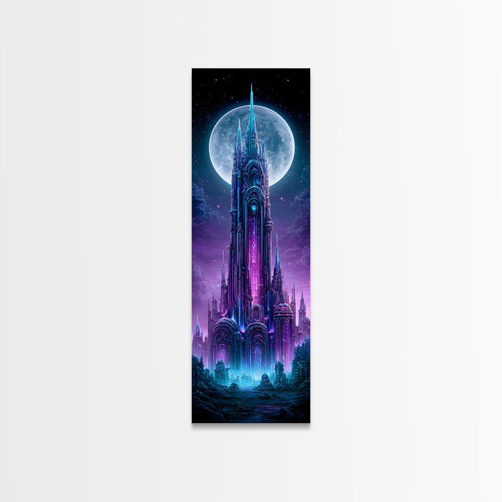 Futuristic City on a Moonlit World Framed Canvas Print, Scifi Art, Statement Artwork, Living Room Decor, Fine Art, Orbit, SCI-1x3-87