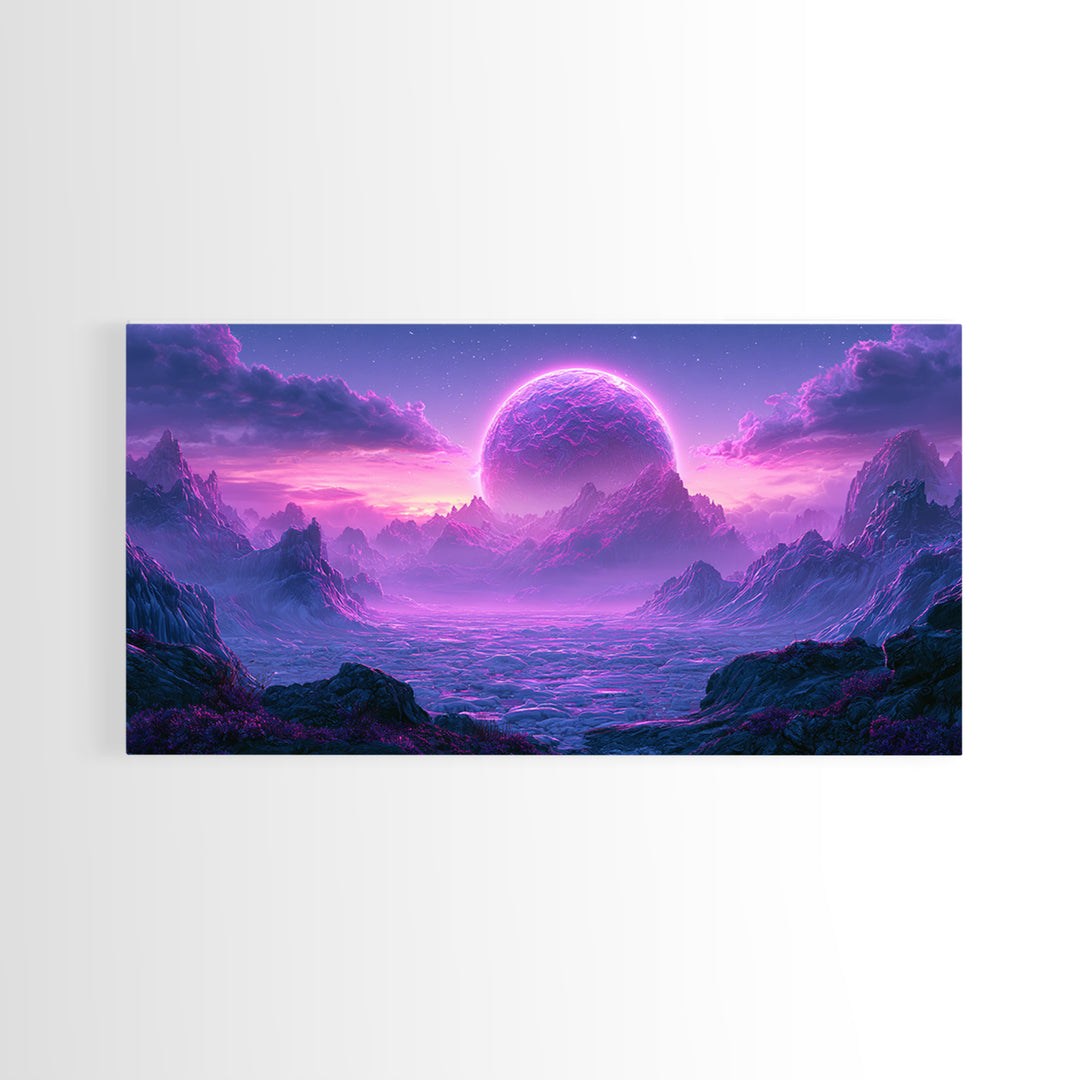 Planetary Sunrise over Ice Cliffs Framed Canvas Print, Scifi Art, Art Print, Living Room Decor, Fine Art, Orbit, Digital Art, SCI-2x1-18