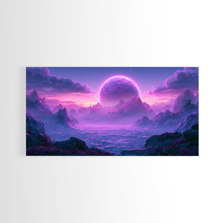 Planetary Sunrise over Ice Cliffs Framed Canvas Print, Scifi Art, Art Print, Living Room Decor, Fine Art, Orbit, Digital Art, SCI-2x1-18