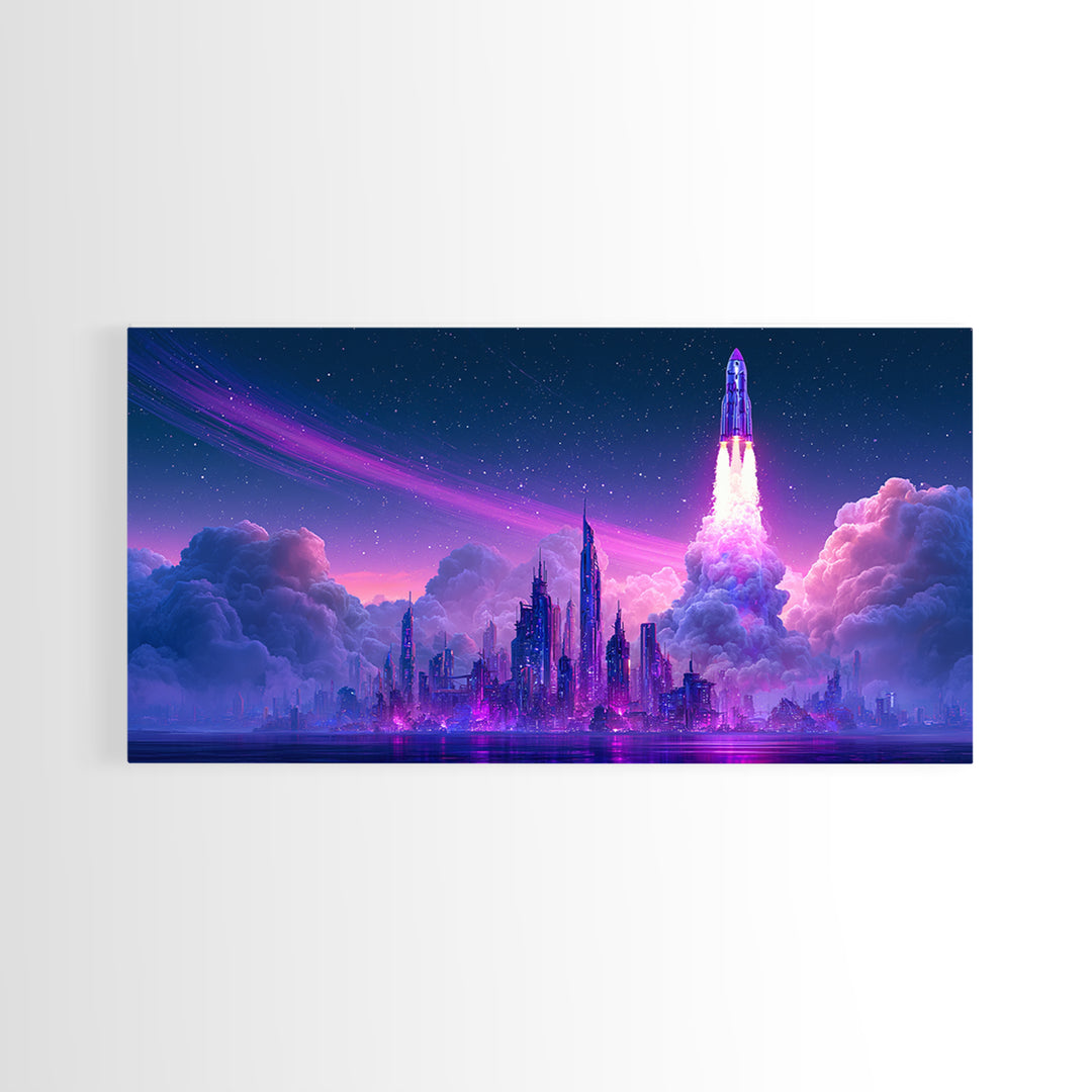 Retro Rocket Launching Through Cloud Rings Framed Canvas Print, Scifi Art, Boho Decor, Living Room Decor, Oil Painting, Orbit, SCI-2x1-27