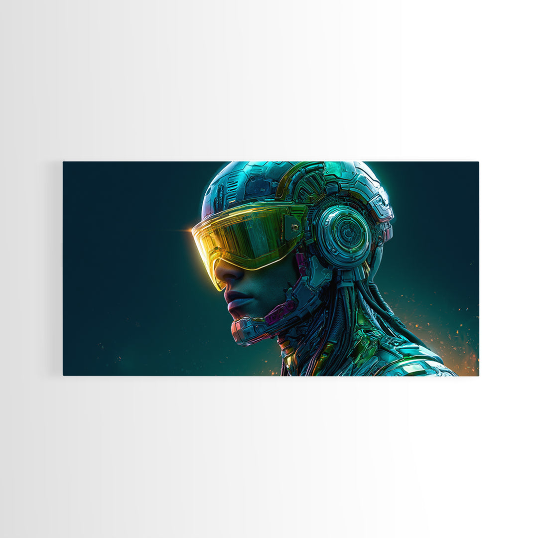 Cyborg Portrait with Reflective Visor Framed Canvas Print, Scifi Art, Original Art, Living Room Decor, Fine Art, Orbit, SCI-2x1-29