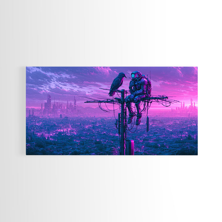 Robot Bird Perched on Antenna Framed Canvas Print, Scifi Art, Gallery Decor, Living Room Decor, Fine Art, Orbit, Wall Art, SCI-2x1-67
