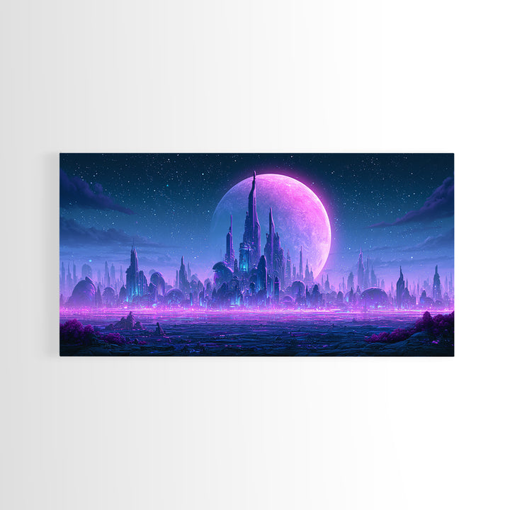 Futuristic City on a Moonlit World Canvas Print, Scifi Art, Weird Art, Living Room Decor, Abstract Art, Orbit, Art Print, SCI-2x1-71