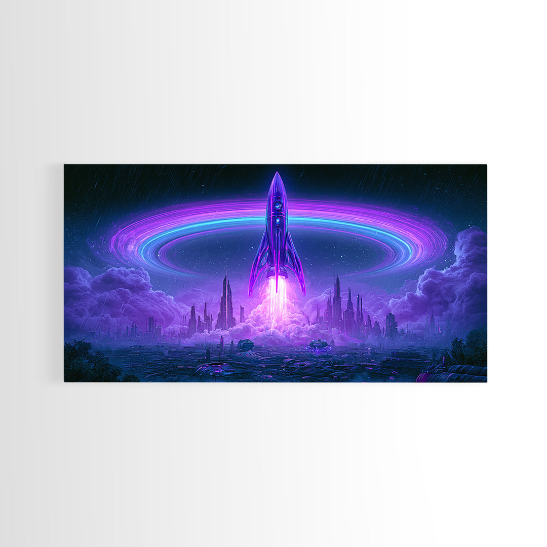 Retro Rocket Launching Through Cloud Rings Framed Canvas Print, Scifi Art, Art Print, Living Room Decor, Fine Art, Orbit, SCI-2x1-75