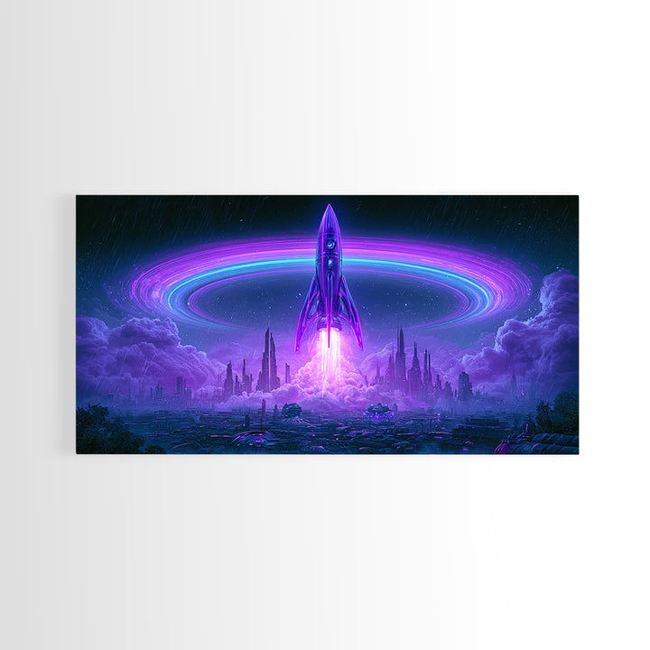 Retro Rocket Launching Through Cloud Rings Framed Canvas Print, Scifi Art, Art Print, Living Room Decor, Fine Art, Orbit, SCI-2x1-75