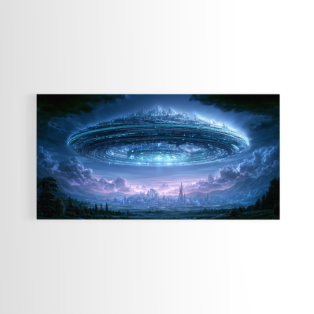 Giant Ring World Seen from a Valley Canvas Print, Scifi Art, Modern Art, Living Room Decor, Fine Art, Orbit, Retro Futurism Art, SCI-2x1-76