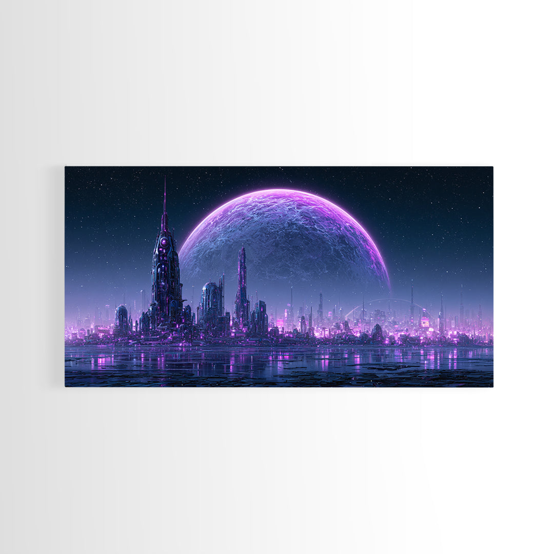 Moon Colony Beneath Earth Rise Framed Canvas Print, Scifi Art, Posters, Living Room Decor, Orbit, Pop Art, Mid Century Art, SCI-2x1-86