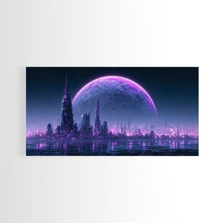 Moon Colony Beneath Earth Rise Framed Canvas Print, Scifi Art, Posters, Living Room Decor, Orbit, Pop Art, Mid Century Art, SCI-2x1-86