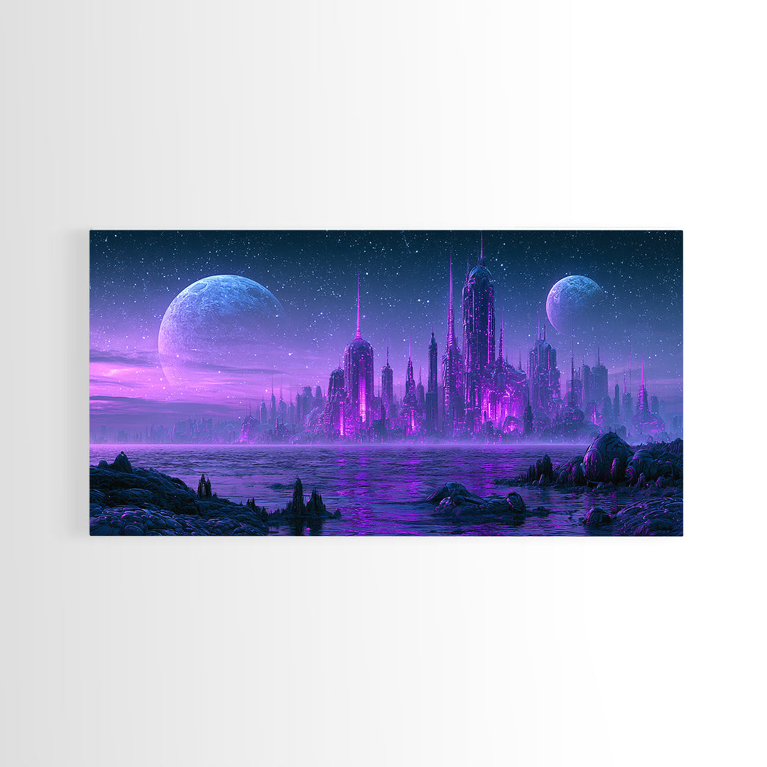 Alien Ocean with Two Moons Framed Canvas Print, Scifi Art, Art, Living Room Decor, Fine Art, Orbit, Modern Art, Living Room Art, SCI-2x1-9