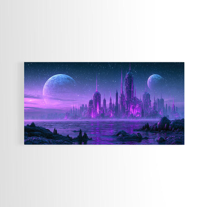 Alien Ocean with Two Moons Framed Canvas Print, Scifi Art, Art, Living Room Decor, Fine Art, Orbit, Modern Art, Living Room Art, SCI-2x1-9
