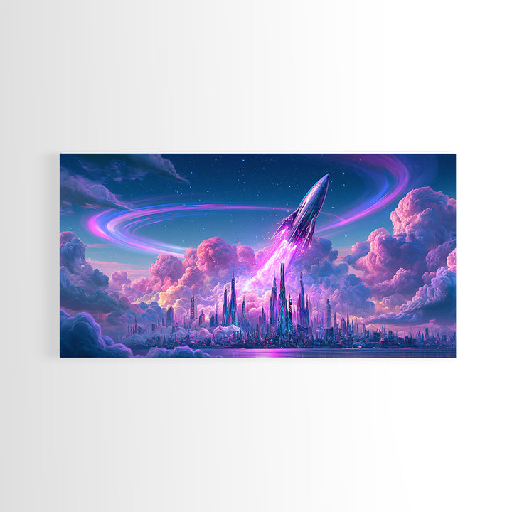 Retro Rocket Launching Through Cloud Rings Framed Canvas Print, Scifi Art, Pop Art, Living Room Decor, Fine Art, Orbit, SCI-2x1-99