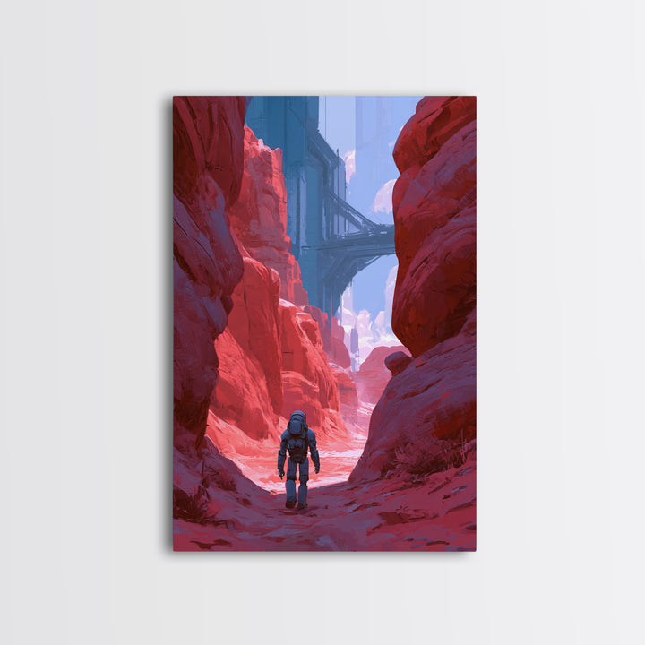 Robot Companion Crossing a Red Canyon Framed Canvas Print, Scifi Art, Decor, Living Room Decor, Orbit, Mid Century Art, SCI-2x3-12